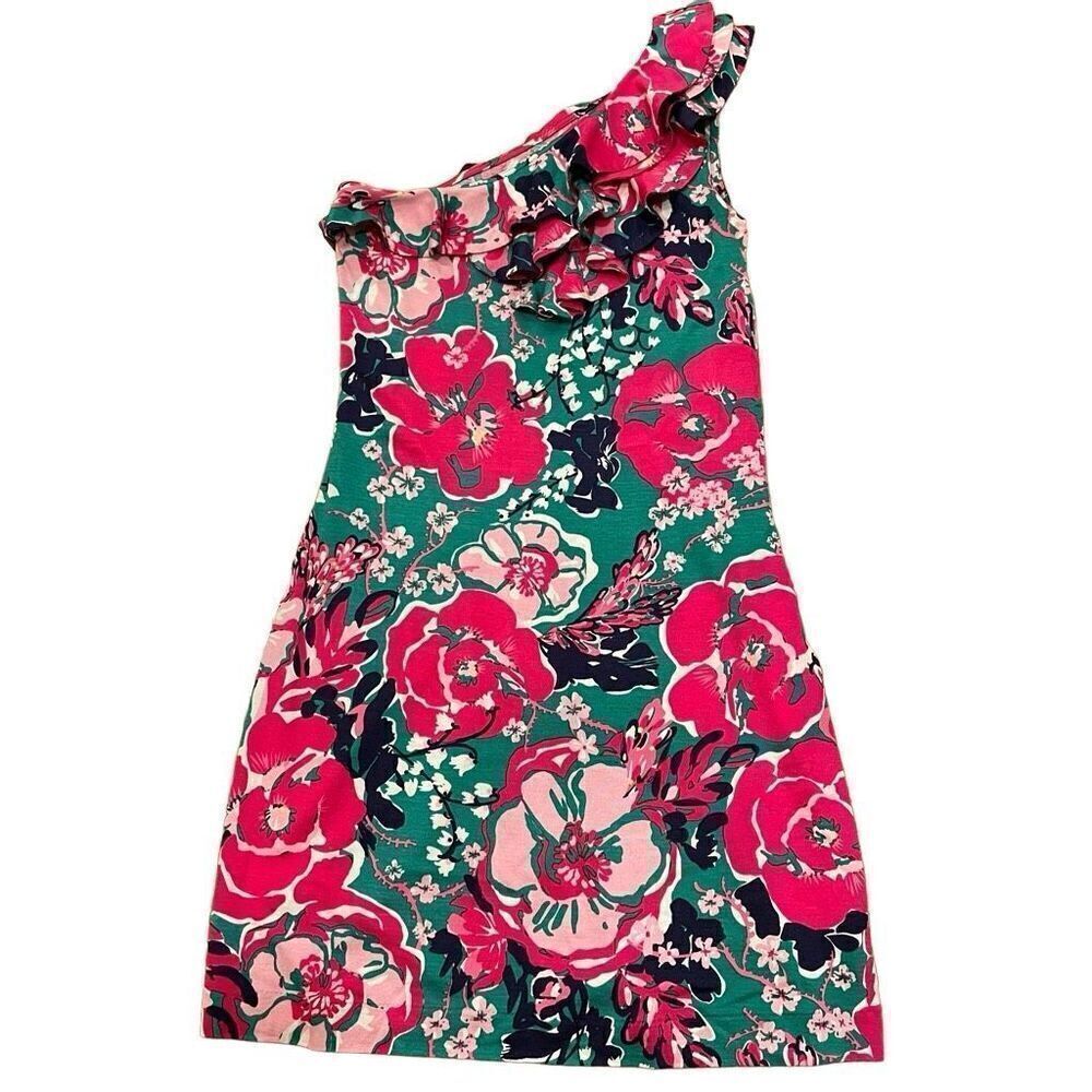 Lilly Pulitzer Womens Whinnie Dress S Emerald Green Floral One Shoulder Mini